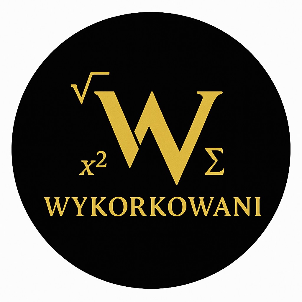 Logo Wykorkowani z czarnym tłem i złotymi symbolami matematycznymi.